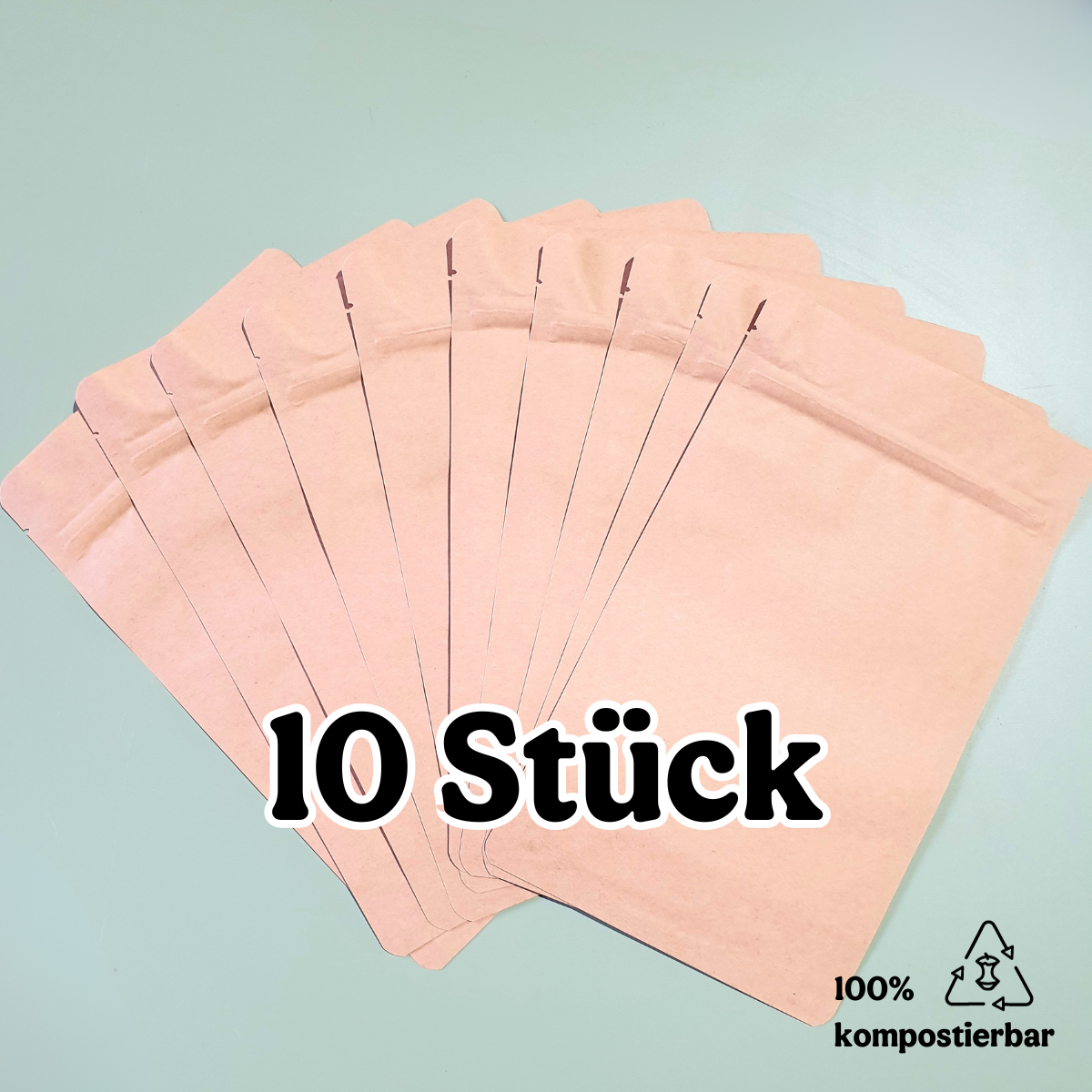 Standbodenbeutel aus Kraftpapier mit plastikfreier Beschichtung und Druckverschluss - kompostierbar
