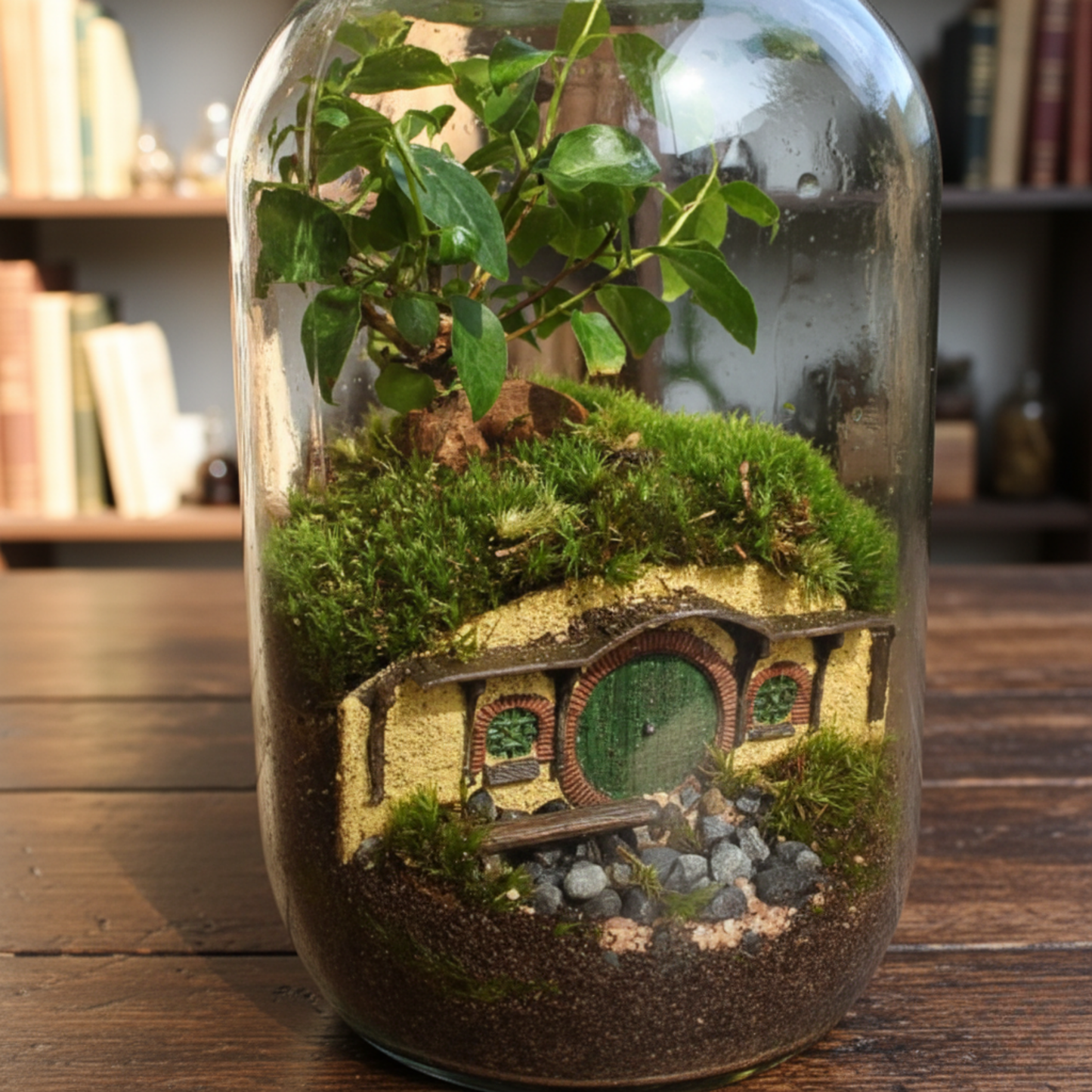 Halbling-Höhle Flaschengarten mit Bonsai und Moos