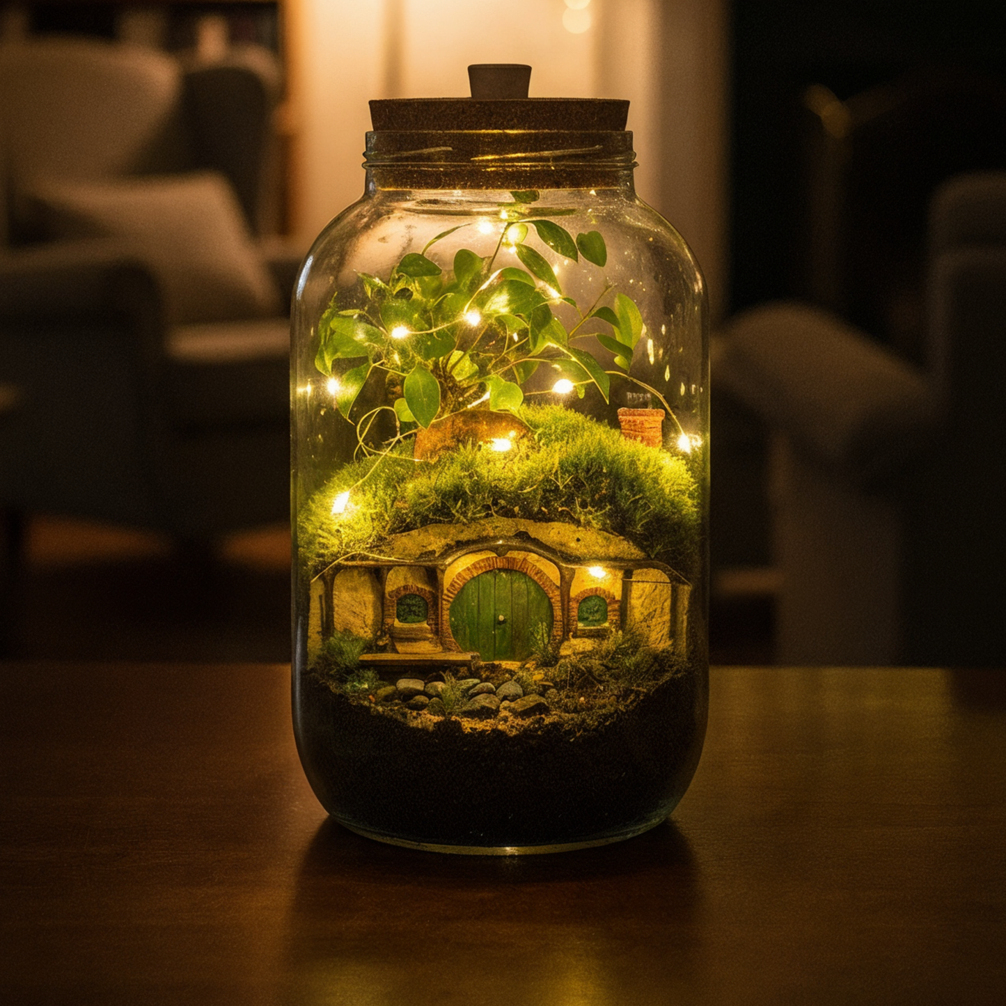 Halbling-Höhle Flaschengarten mit Bonsai und Moos