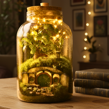 Halbling-Höhle Flaschengarten mit Bonsai und Moos